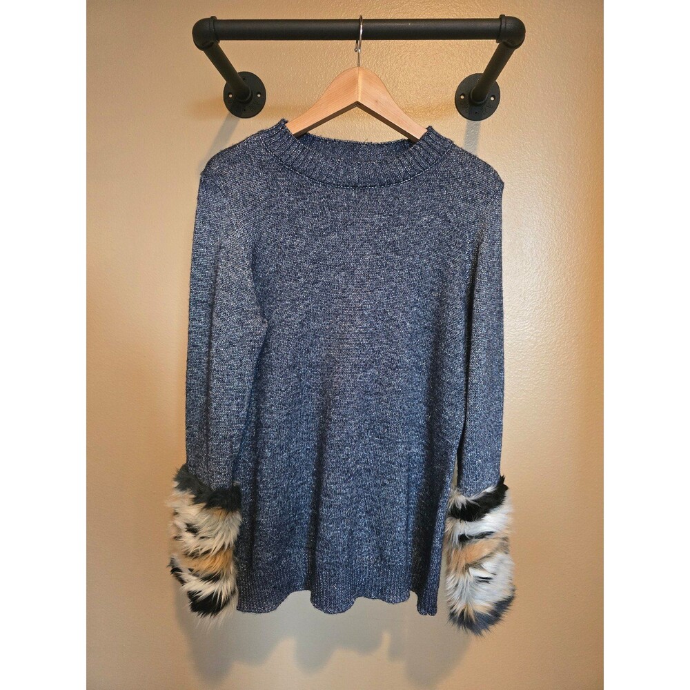 Boston Proper faux fur cuffed sweater in‎ shiny blue size medium